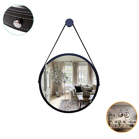 Espelho Adnet Luxo Decorativo Redondo 50cm Com Alça E Moldura Preta