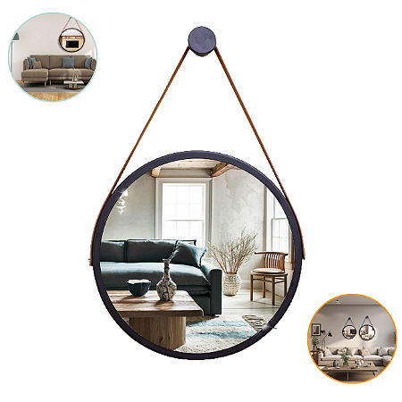 Espelho Adnet Luxo Decorativo Redondo 50cm Com Alça Caramelo E Moldura Preta