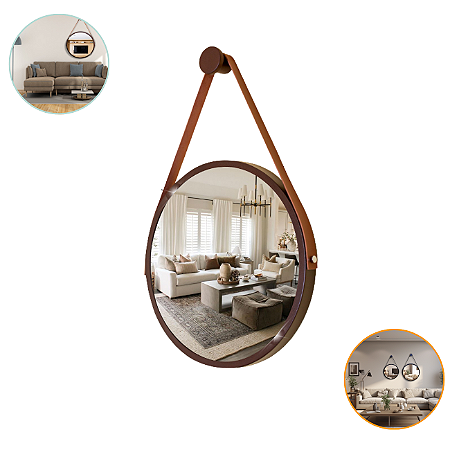 Espelho Adnet Luxo Decorativo Redondo 40cm Com Alça Caramelo E Moldura Marrom