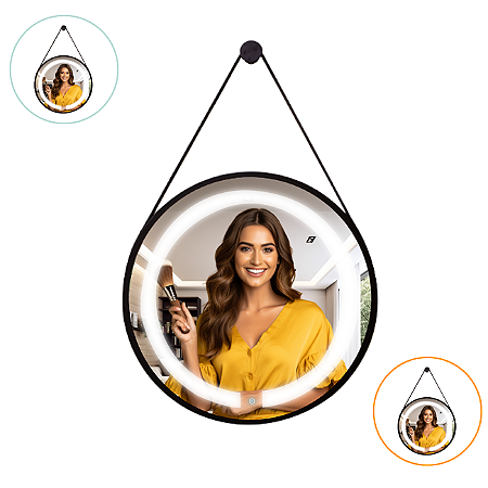 Espelho Redondo Adnet 60cm Led Fria E Quente 3.000/6.000k  Preto Com Alça Preta