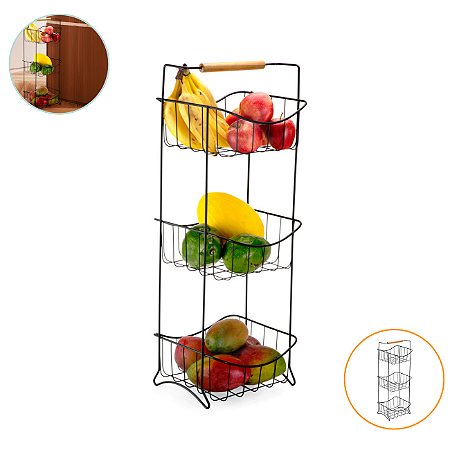 Fruteira Tripla Aramada Quadrada De Chão Com Suporte Cozinha