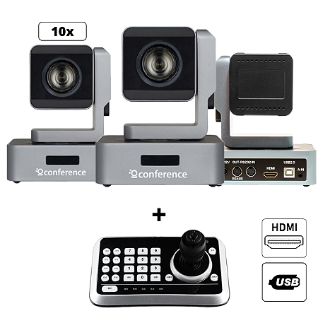 Kit 3 Câmeras Mini PTZ 10X HDMI | USB 2.0 + 1 Controle JTK1 + 3 Suportes de Parede + 3 Cabos Para Controle – 30m