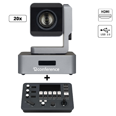 Kit 1 Câmera Mini PTZ 20X HDMI | USB 2.0 + 1 PTZ Controle Mini + 1 Suporte de Parede + 1 Cabo Para Controle – 30m