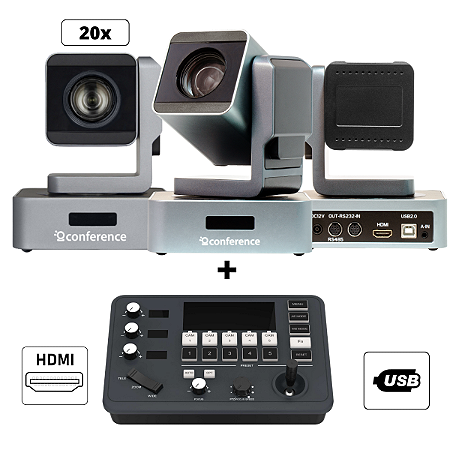 Kit 3 Câmeras Mini PTZ 20X HDMI | USB 2.0 + 1 PTZ Controle Mini + 3 Suportes de Parede + 3 Cabos Para Controle – 30m