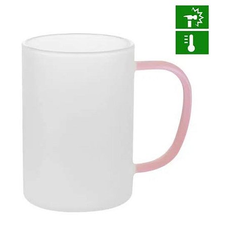 Caneca de Vidro Borossilicato Jateado com Alça Rosa - 300ml