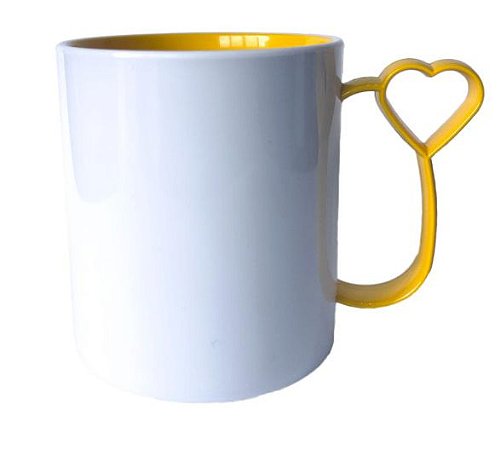 Caneca para Sublimação de Polimero Branco Alça Coraçãozinho Amarelo 120grs - 325ml