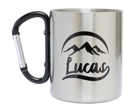 Caneca de Aço Inox para Sublimação com Alça Mosquetão Preto - 300ml