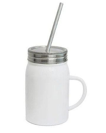 Mason Jar de Inox Branca com Tampa, Alça e Canudo - 500ml