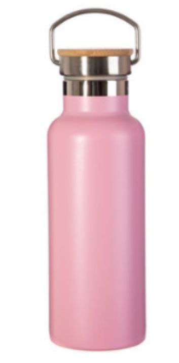 Garrafa Térmica Rosa Aço Inox Com Tampa de Bambu - 600ml