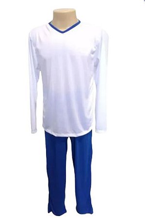 Pijama Adulto Longo Branco com Azul Masculino