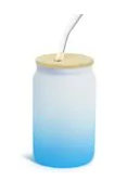 Copo de Vidro Jateado Azul para Sublimação com Tampa de Bambu e Canudo de Vidro - 400ml