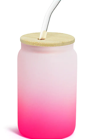 Copo de Vidro Jateado Rosa para Sublimação com Tampa de Bambu e Canudo de Vidro - 400ml