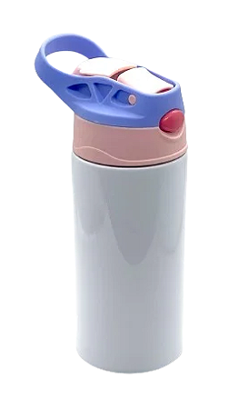 Squeeze de Inox Branco Infantil para Sublimação com Bico Automático Tampa Rosa e Lilas - 350ml
