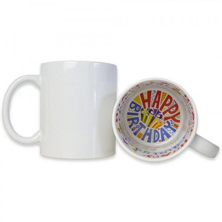 Caneca Branca de Cerâmica Resinada para Sublimação com Interior Personalizado com Tema de Aniversário happy birthday