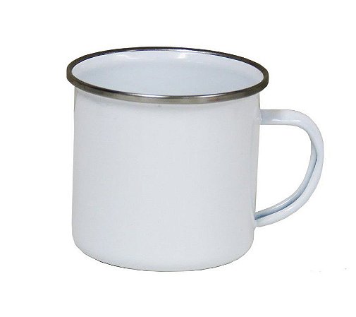 Caneca 12OZ Esmaltada Branca Borda Prata