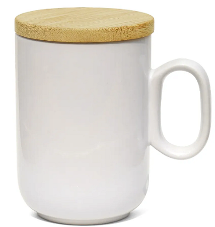Caneca para Sublimação de Cerâmica Branca Slim com Tampa de Bambu - 350ml