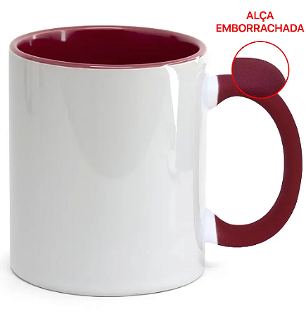 Caneca para Sublimação de Cerâmica Branca com Alça Soft e Interior Vinho