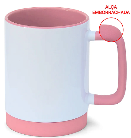 Caneca para Sublimação de Cerâmica Branca com Alça Soft e Base em Silicone com Interior Rosa