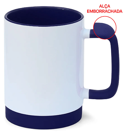 Caneca para Sublimação de Cerâmica Branca com Alça Soft e Base em Silicone com Interior Azul Escuro