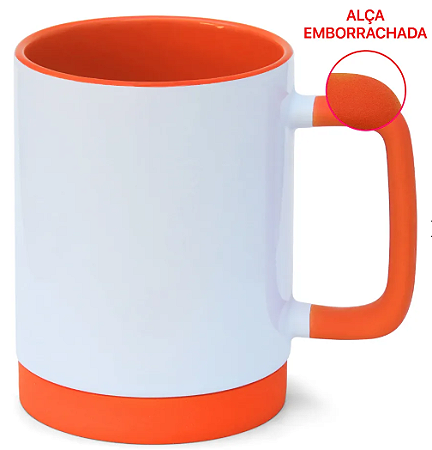 Caneca para Sublimação de Cerâmica Branca com Alça Soft e Base em Silicone com Interior Laranja