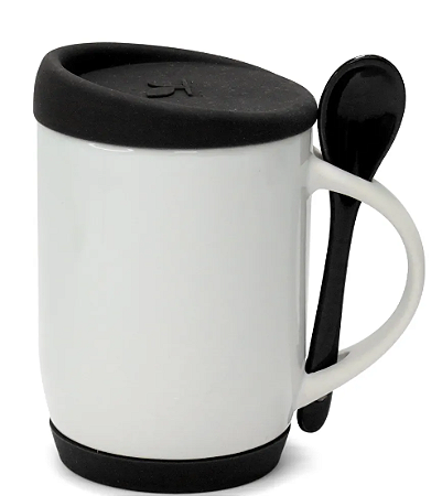 Caneca com Colher, Alça Soft e Tampa Base em Silicone - Preto