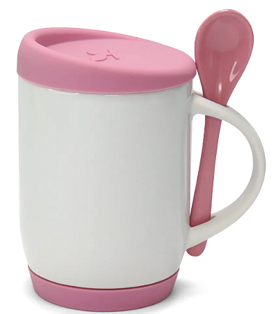 Caneca para Sublimação de Cerâmica Branca com Colher Alça Soft e Tampa Base em Silicone - Rosa