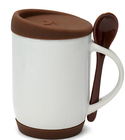 Caneca com Colher, Alça Soft e Tampa Base em Silicone - Marron