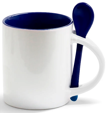 Caneca Reta para Sublimação de Cerâmica Branca com Interior e Colher Azul Escuro