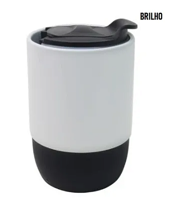 Copo Cerâmica Branco Brilho para Sublimação Tampa Acrílica e Base Silicone - Preto 325ml