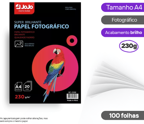 Papel Fotográfico Glossy (Brilho) A4 230g - 20 Folhas - 1 Pacote