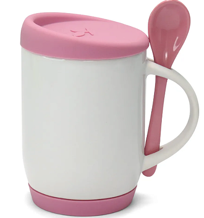 Caneca com Colher, Alça Soft e Tampa Base em Silicone - Rosa