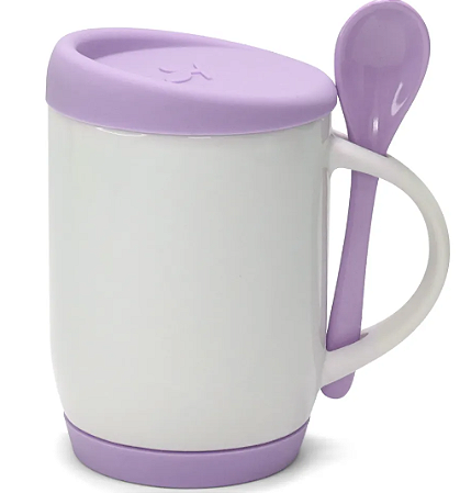 Caneca com Colher, Alça Soft e Tampa Base em Silicone - Lilas