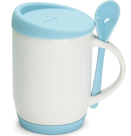 Caneca com Colher, Alça Soft e Tampa Base em Silicone - Azul Cyano