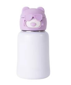 Garrafa Térmica Inox Com Tampa Urso Lilás Com Bico de Silicone E Canudo de 435ml
