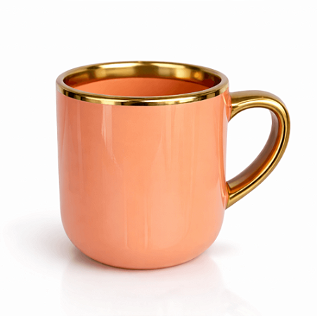 Caneca Imperial Cerâmica Laranja para Sublimação com Alça e Borda Cromada Ouro - 400ml