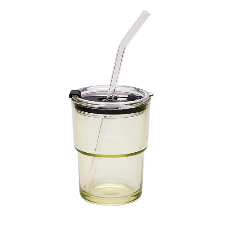 Copo de Vidro Ambar para Sublimação com Tampa de Acrílico e Canudo de Vidro - 400ml