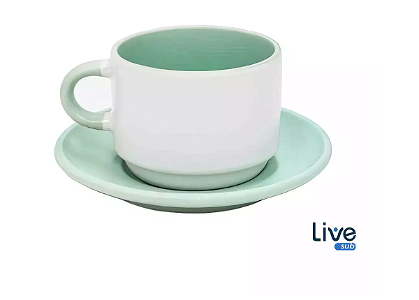 Caneca Petit - Xicara com Pires - 90ml - Interior e Alça Verde Menta - Sublimação
