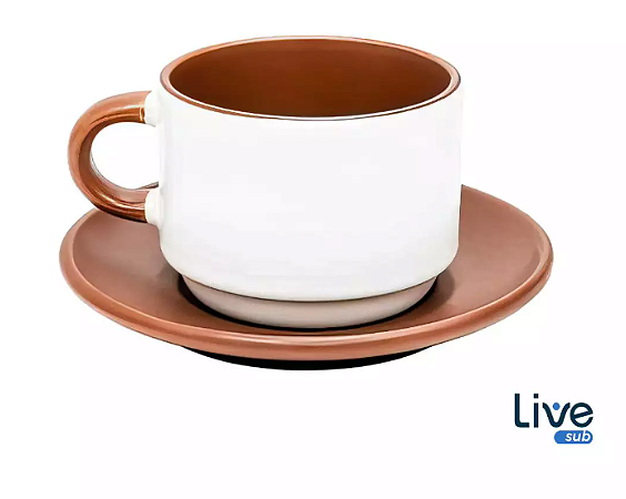 Caneca Petit - Xicara com Pires - 90ml - Interior e Alça Marrom - Sublimação