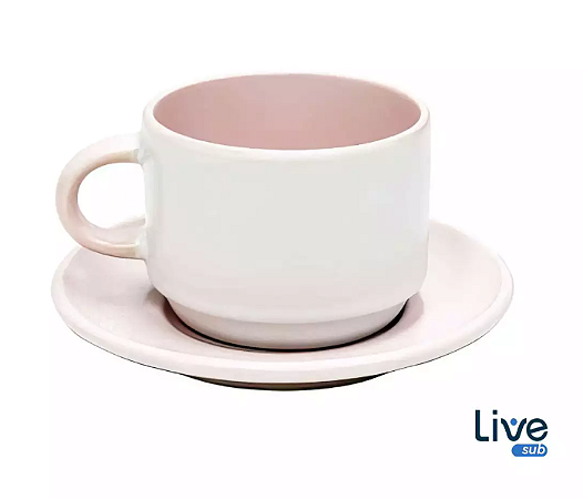 Caneca Petit - Xicara com Pires - 90ml - Interior e Alça Rosa - Sublimação