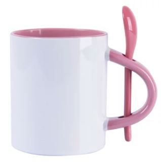 Caneca Reta para Sublimação de Cerâmica Branca com Alça, Interior e Colher Rosa