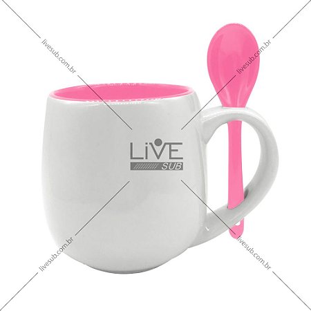 Caneca Branca Belly com colher e Interior Rosa - 350ml