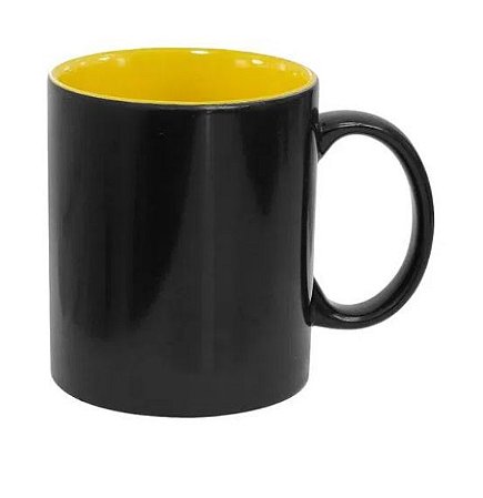 Caneca Mágica em Cerâmica para Sublimação Preta Semi Brilho com Interior Amarela Marca Live