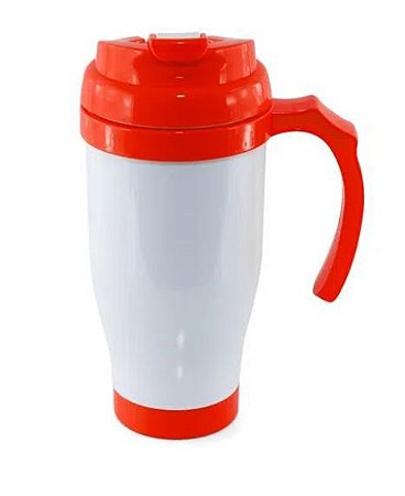 Copo Térmico de Plástico para Sublimação com Tampa Bico, Alça e Fundo Vermelho - 475ml