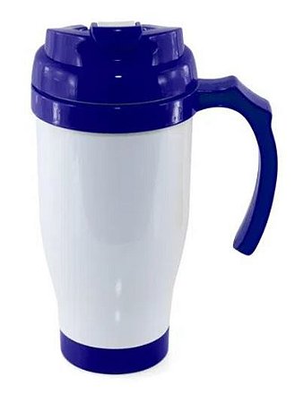 Copo Térmico de Plástico para Sublimação com Tampa Bico, Alça e Fundo Azul Royal - 475ml