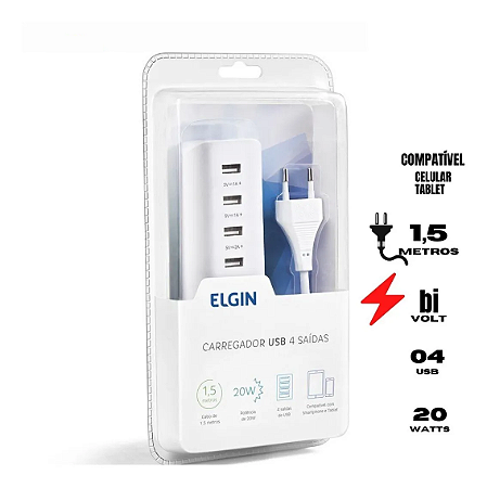 Régua Carregador de Tomada USB 20W com 4 Saídas e Cabo 1,5m Bivolt Elgin