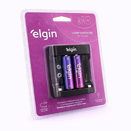 Carregador USB para Pilhas e Baterias com Cabo Micro USB Incluso + 2 Pilhas AA 1500mAh Recarregáveis Elgin