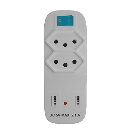 Adaptador de Tomada Múltiplo 2P+T + 2 USB