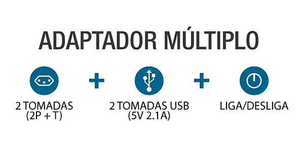 Adaptador de Tomada Múltiplo 2P+T + 2 USB
