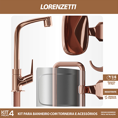 Kit 4 Peças para Banheiro com Torneira Flatt e Acessórios Rosé Gold Lorenzetti 2004 F71