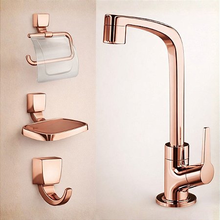 Kit 4 Peças para Banheiro com Torneira Flatt e Acessórios Rosé Gold Lorenzetti 2004 F71
